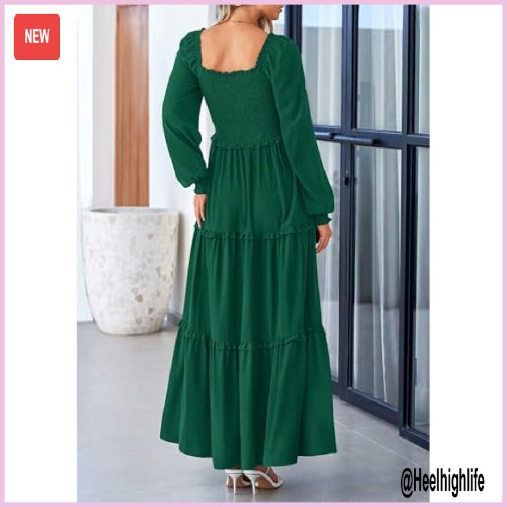 Long Sleeve Square Neck Tiered A-Line Maxi Dress, Smocked Waist, Flowy - Picture 3 of 8